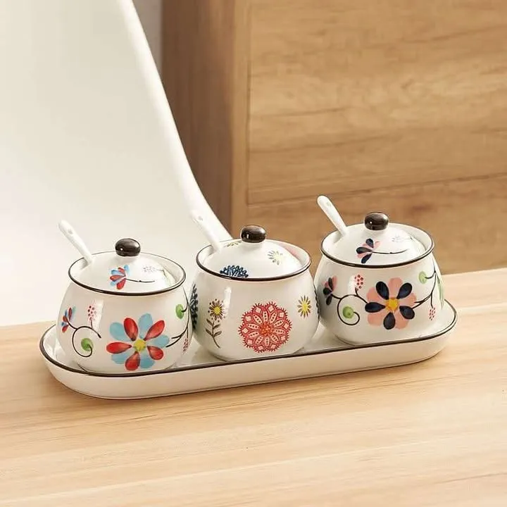 3 Pcs flower printed spice jar