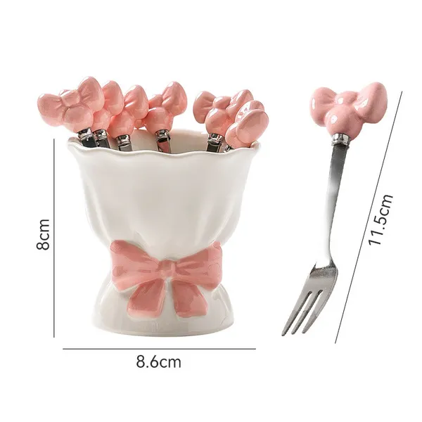 Wedding Gift Ceramic Bow Fruit Dessert Cake Snack Fork Household Stainless Steel Spoon Set
