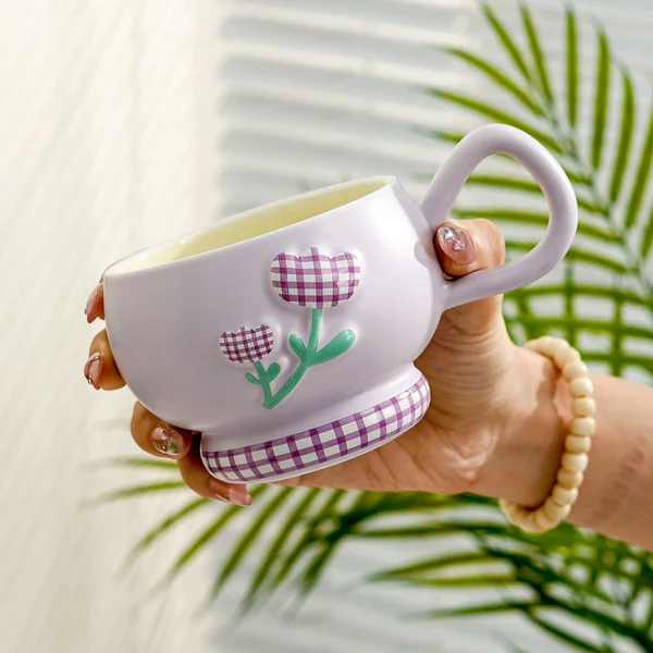 Korean Hand-Painted Stereo Relief Wide-Mouth Breakfast Milk Cup Girls Ceramic Water Cup High-Looking Ins Style Mug