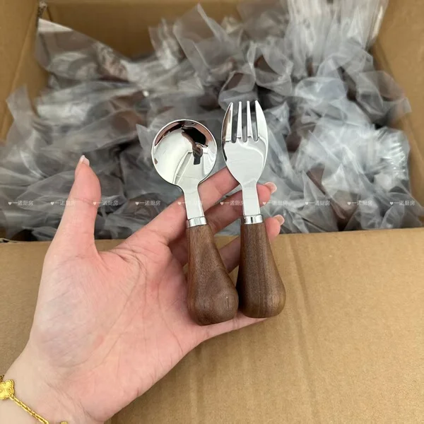 2 Pcs Kitchen Walnut 304 Stainless Steel Standable Cute Spoon Fork Children's Portable Spoon Fork Eating Spoon;