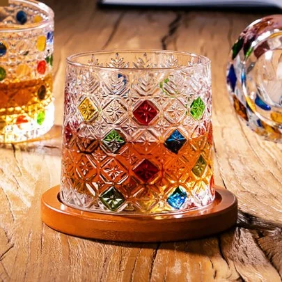 Hand-painted ice flower decompression cup 270ml with wooden holder