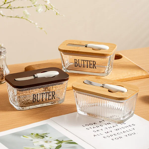 Western-Style Glass Sealed Butter Box with Lid and Spatula, Rectangular Household Cheese Preservation Sealed Jar, Household Cheese Box