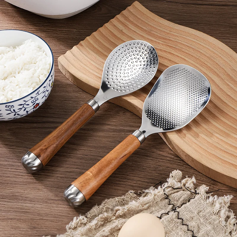 304 Stainless Steel Rice Spoon, Non-Stick Pot, Rosewood Handle Rice Spoon, Vertical Rice Spoon, Accessible Luxury Household Rice Shovel
