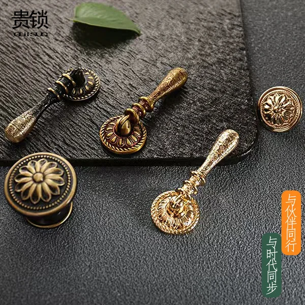 Vintage Brass New Chinese Style Handle Ring, High-End and Elegant Single-Hole Cabinet Door Handle for Home Use, Chinese Style Handle