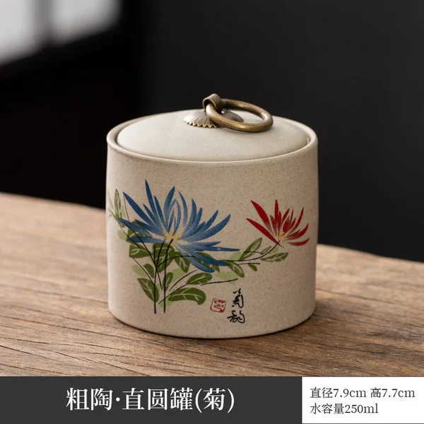 Tea can-stone pottery straight can-chrysanthemum