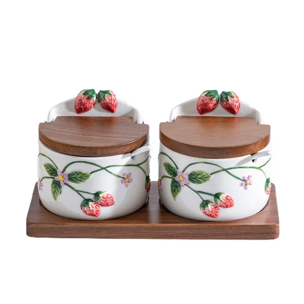 2 Pcs Hand-painted embossed small set of two seasoning jars (with base + white spoon)