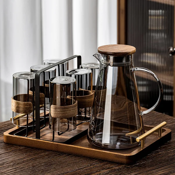 High-End Heat-Resistant Glass Cup Set for Home Use, 340ml smoked ash wood ring cup x6 + cup holder + water kettle + bamboo tray