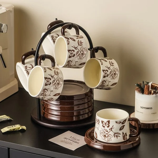 Medieval flower and bird coffee cup and saucer suit 6 cups and 6 saucers with acacia wood round tube six cup holders