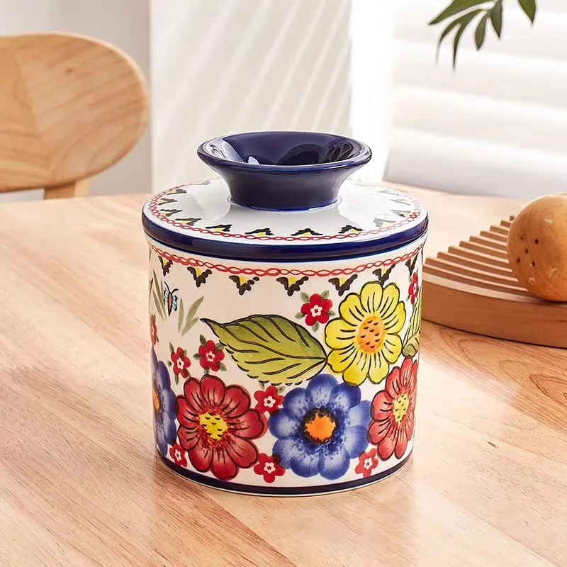 Hand drawn butter can - white blue flowe