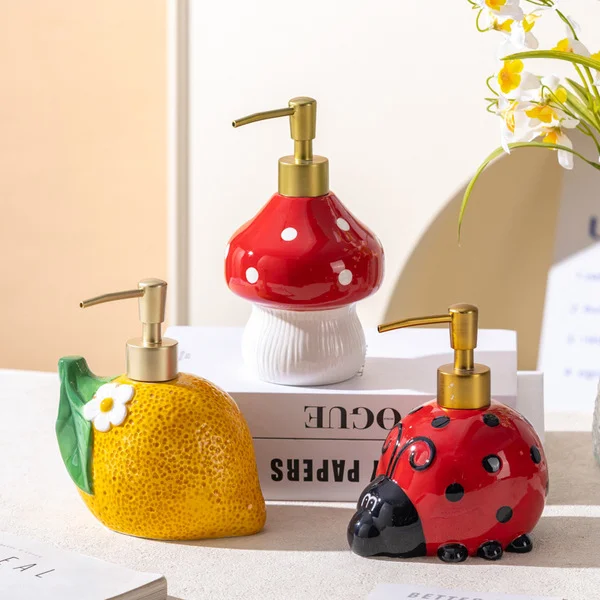 Ceramic Lotion Bottle with Pump Head, Mushroom-Shaped Shower Gel Dispenser Bottle, Hotel Bathroom Hand Soap, Washbasin, Home Use