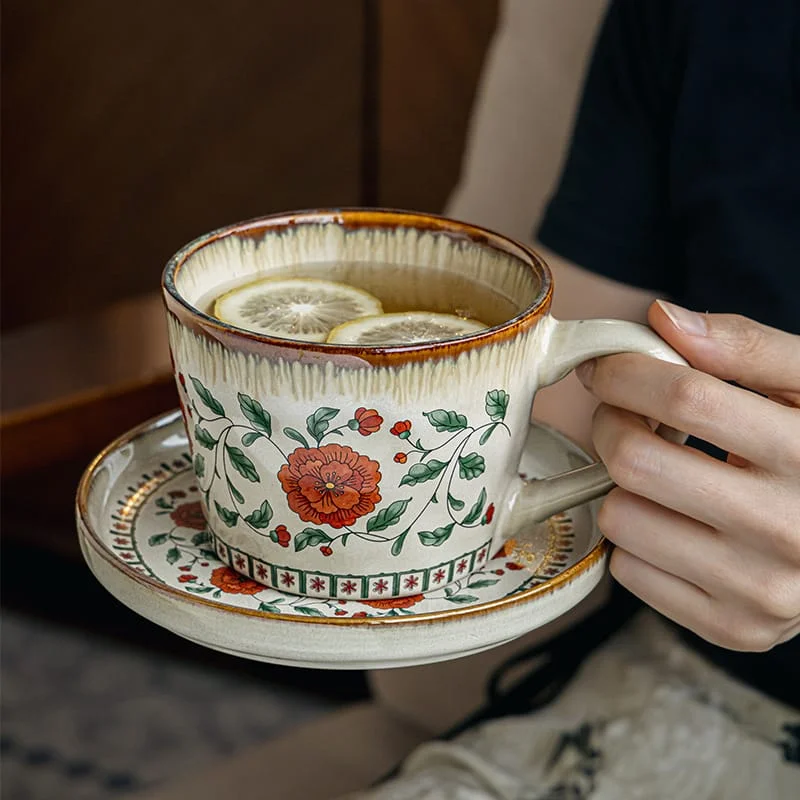 Red peony-water wave v-shaped cup and saucer set 2