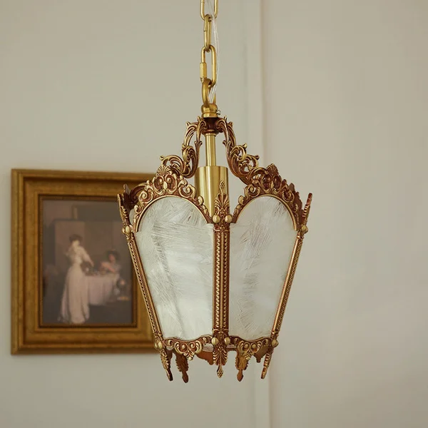 American-Style Vintage Copper Natural Color Ice Flower Glass Small Pendant Lamp French Mid-Century Vintage Bedside Balcony Hallway Entrance