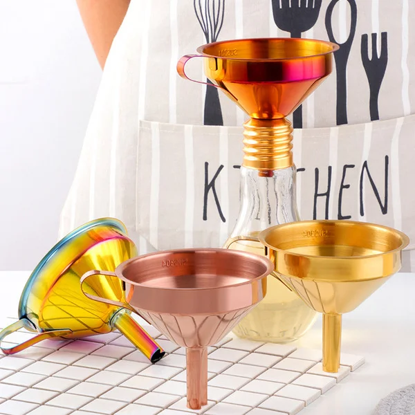 Stainless Steel Funnel Creative 304 Titanium Plated Color Removable Filter Kitchen Gadget Household Oil Funnel
