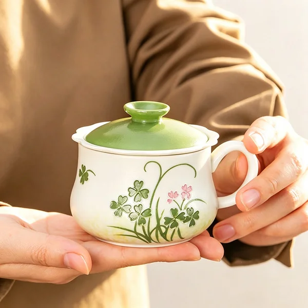 Chu Wu Lucky Four-Leaf Clover Office Cup Home Use Ceramic Cup with Lid and Filter for Brewing Tea, Drinking Tea, Mug, Gift