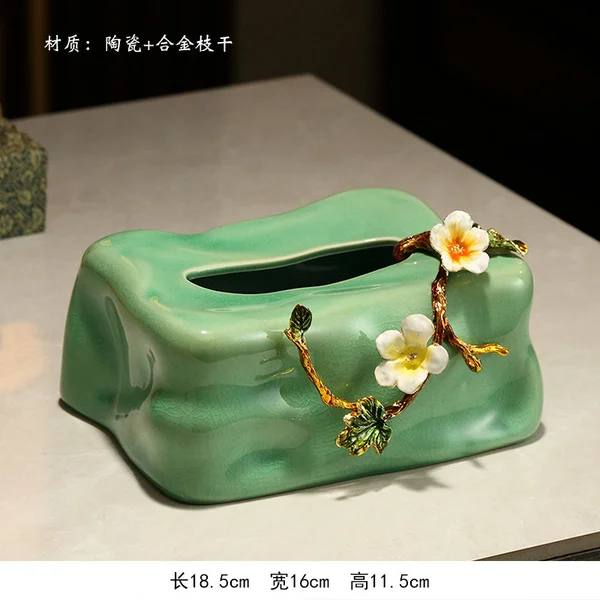 Green flowers bloom and bring wealth-enamel ceramic tissue box