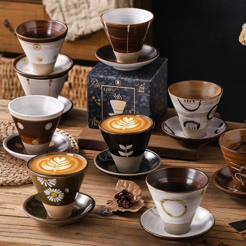 Creative Niche Ceramic Coffee Cup and Saucer Set Japanese Mug Retro Stoneware Latte Art Cup Gift Box