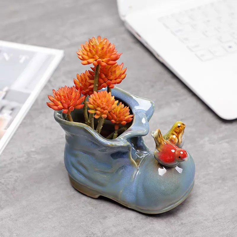Creative Pastoral Decorations Ceramic Crafts Small Boots Rabbit Bird Shoes Fleshy Flower Pot Flower Pen Container