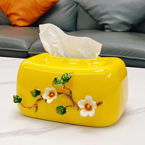 Yellow plum blossom five blessings enamel ceramic tissue box