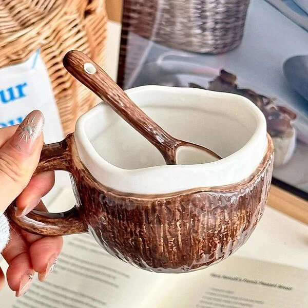380 ML High-Appearance Value Korean-Style Retro Hand-Painted Irregular Ceramic Mug with Coconut Shell and Coconut Meat Design, Suitable for Coffee and Oatmeal Breakfast