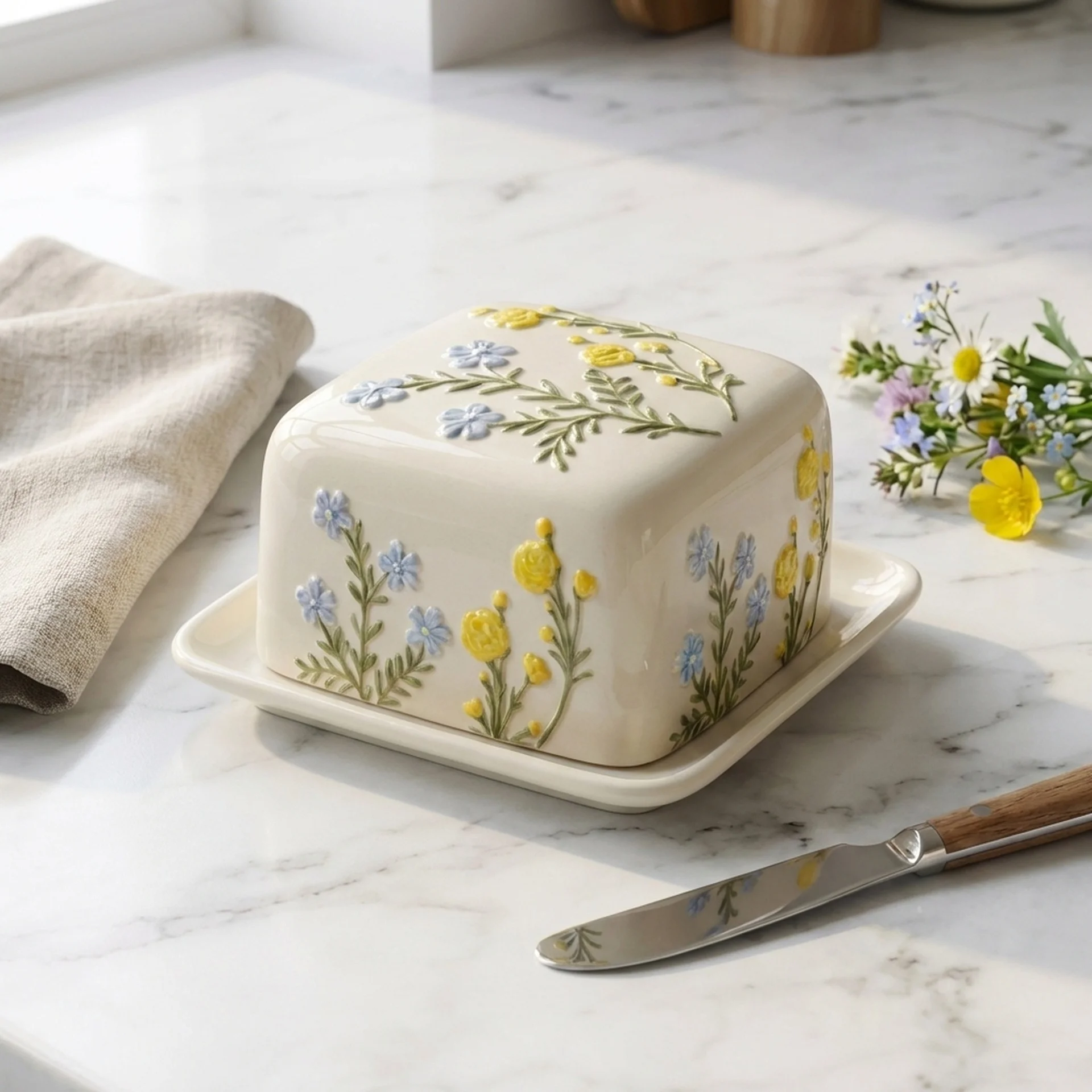 Original ceramic butter cassette with green butter storage idyllic wind small fresh relief hand-painted ceramic storage box