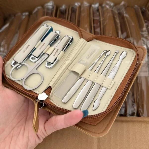 Nail Trimming Kit Professional Cuticle Nipper Diagonal Pliers Tool Nail Clippers; Brown coffee upgraded version 9-piece set [with leather wallet bag]