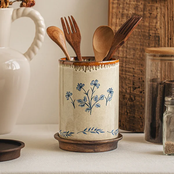 Vintage Ceramic Chopstick Holder with Base for Home Kitchen, Water-Draining Chopstick Container, Chopstick Holder, Knife, Fork, Spoon Storage Jar