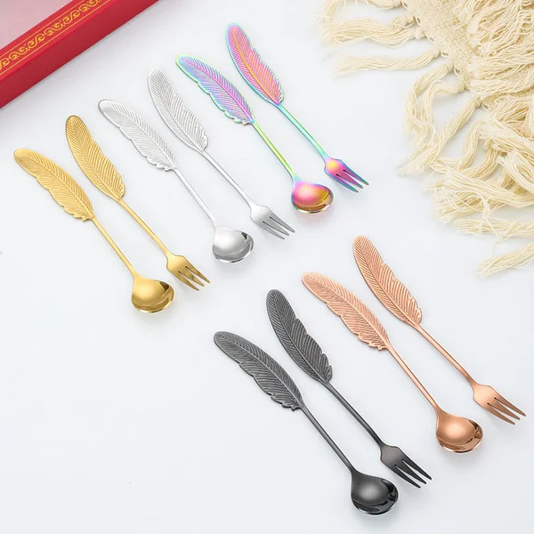 10 Pcs 304 stainless steel spoon high color value feather spoon fruit fork cake dessert spoon